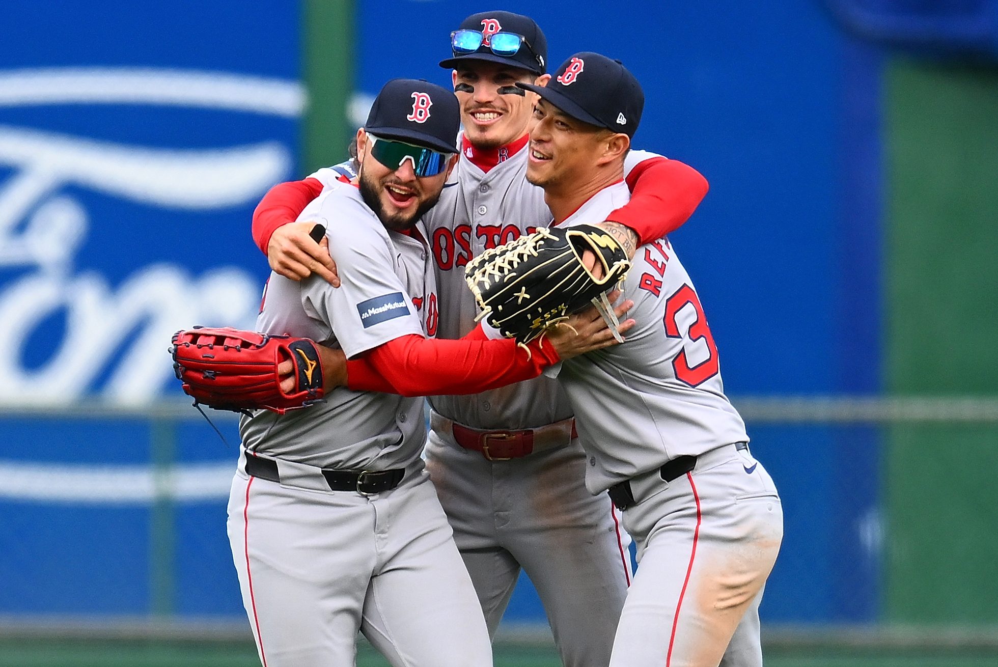 Wilyer Abreu, Jarren Duran and Rob Refsnyder of the Boston Red Sox.