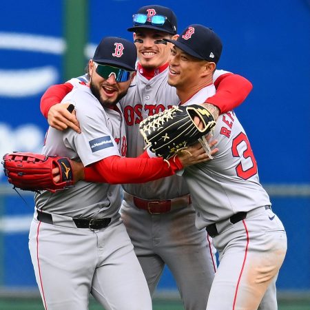 Wilyer Abreu, Jarren Duran and Rob Refsnyder of the Boston Red Sox.