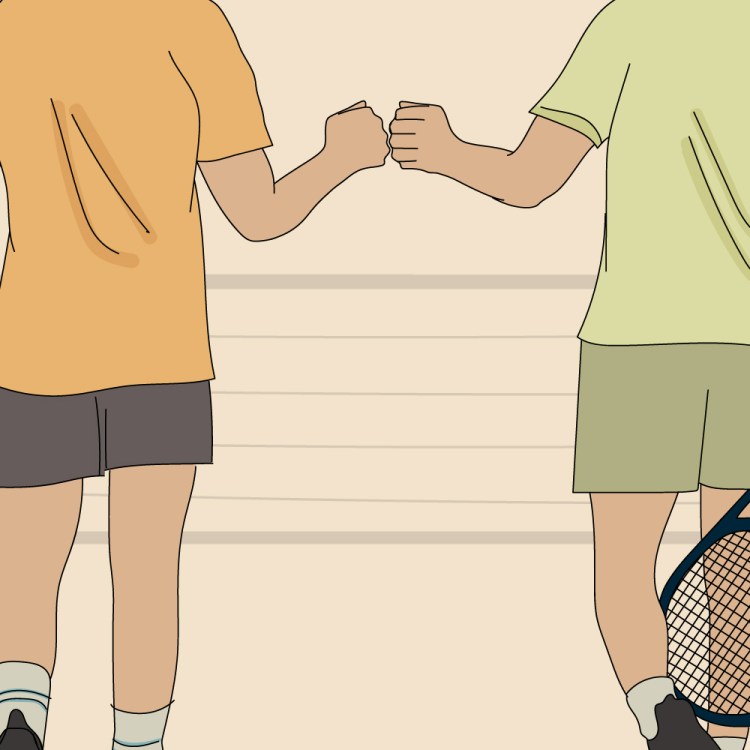 An illustration of two tennis players fist-bumping. We discuss why tennis friends are so great for your longevity.