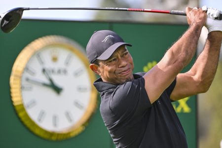 Tiger Woods plays a shot at The Genesis Invitational.