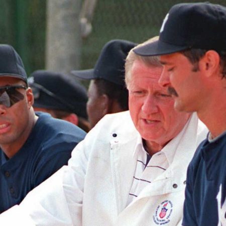 Late Yankees owner George Stienbrenner with Don Mattingly and Bernie Williams.