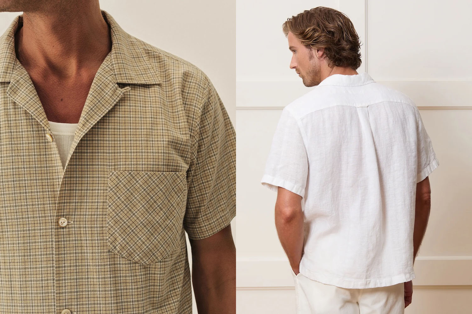 Two models wearing camp collar shirts