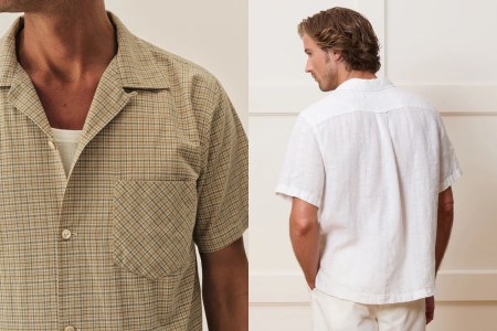 Two models wearing camp collar shirts