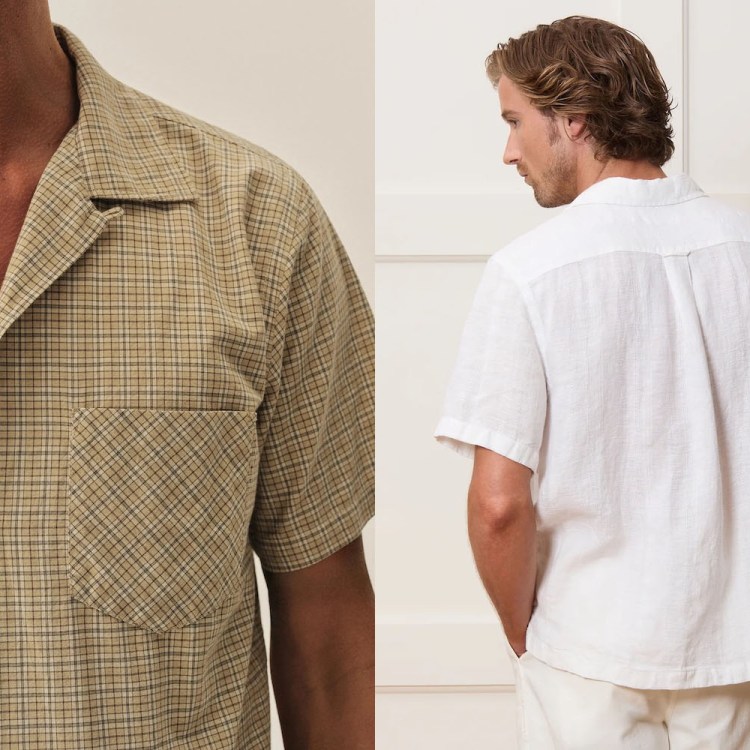 Two models wearing camp collar shirts