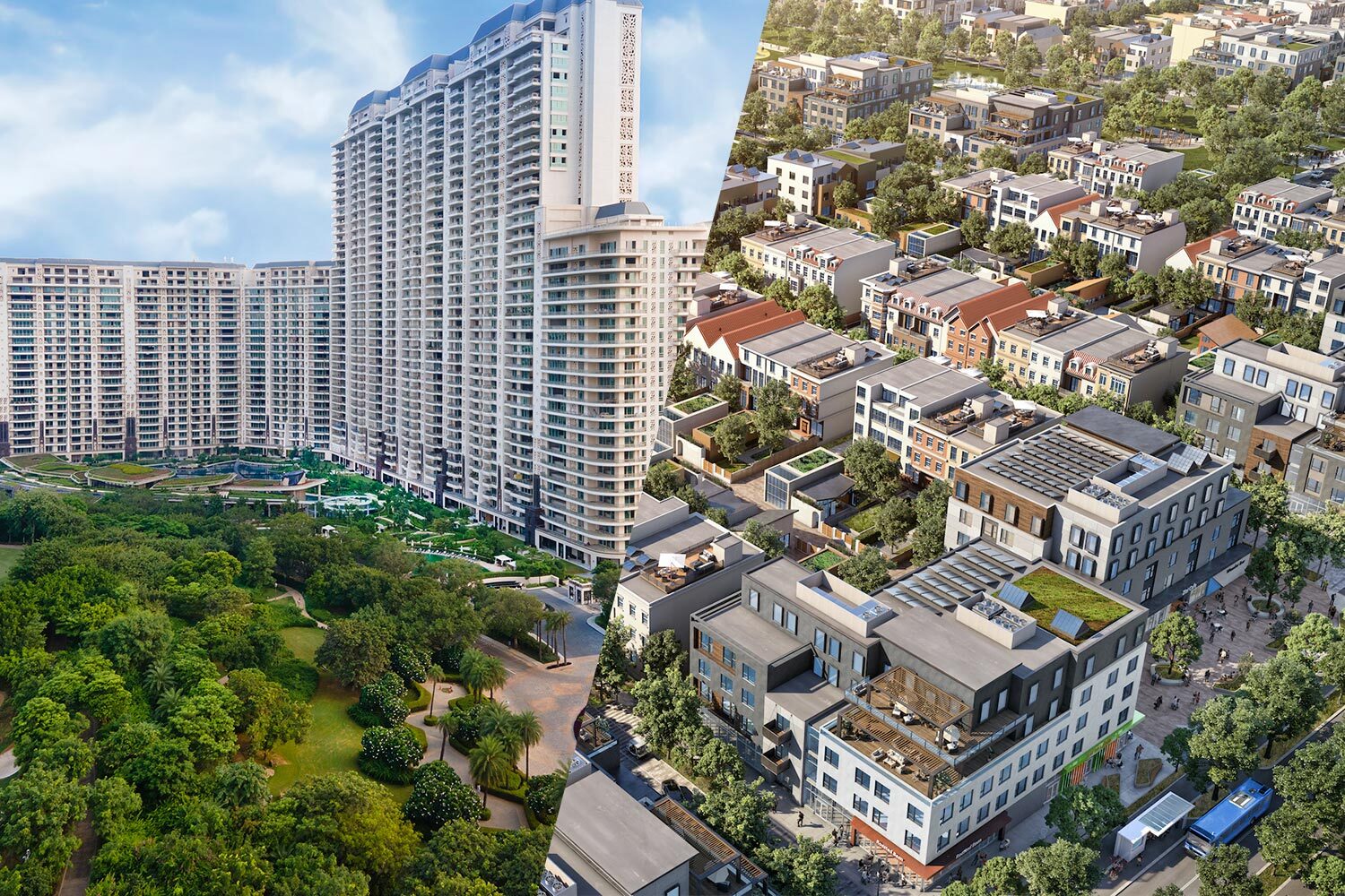 An image of The Camellias, a luxury residential development in Gurgaon, India; and a rendering of California Forever's new planned city in Solano County.
