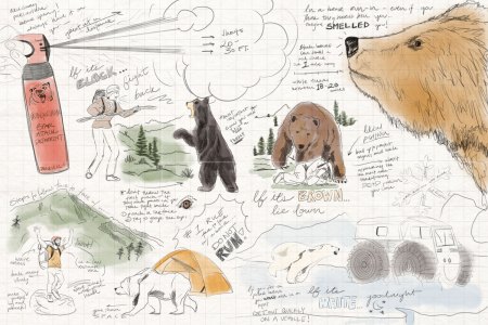 An original illustration detailing how to escape a bear. We spoke with Dr. Rae Wynn-Grant to get her expert advice.