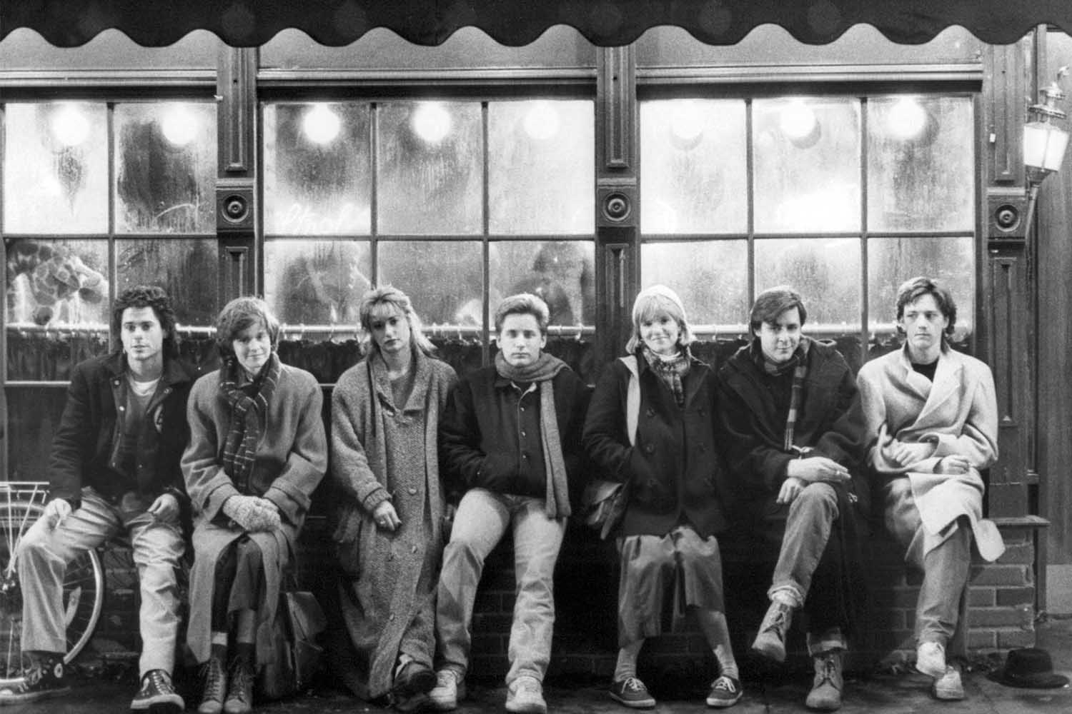 The cast of "St. Elmo's Fire," directed by Joel Schumacher, 1985. Left to right: Rob Lowe, Ally Sheedy, Demi Moore, Emilio Estevez, Mare Winningham, Judd Nelson and Andrew McCarthy.