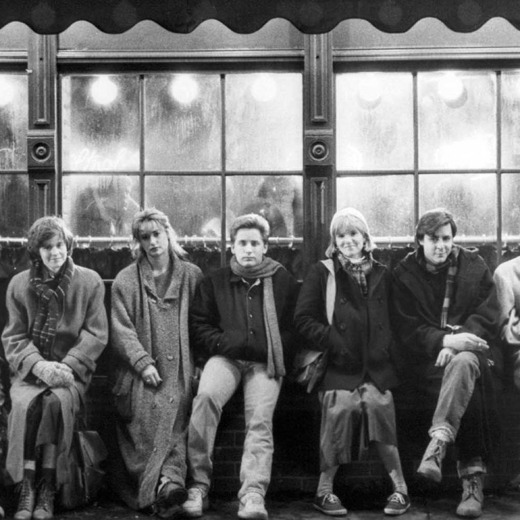 The cast of "St. Elmo's Fire," directed by Joel Schumacher, 1985. Left to right: Rob Lowe, Ally Sheedy, Demi Moore, Emilio Estevez, Mare Winningham, Judd Nelson and Andrew McCarthy.
