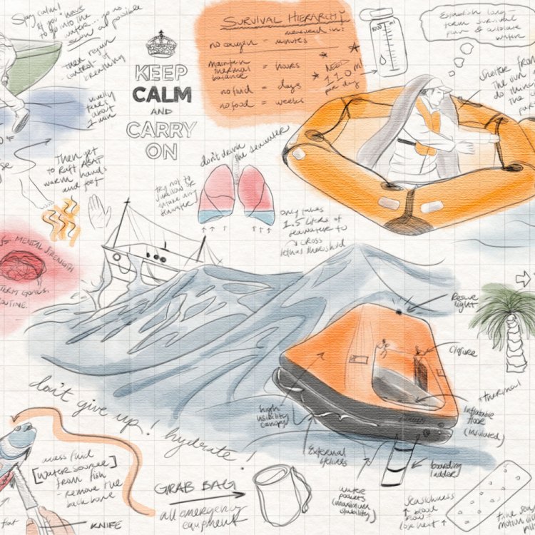 An illustration detailing how to survive at sea. We spoke to professor Mike Tipton to get his expert advice.