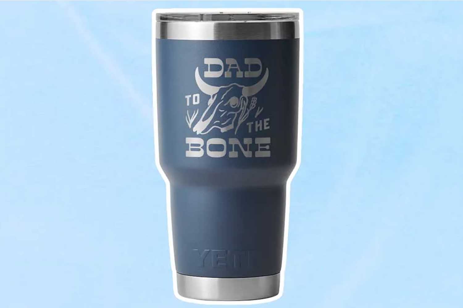A Yeti Rambler 30 Oz Tumbler with "Dad to the Bone" monogrammed