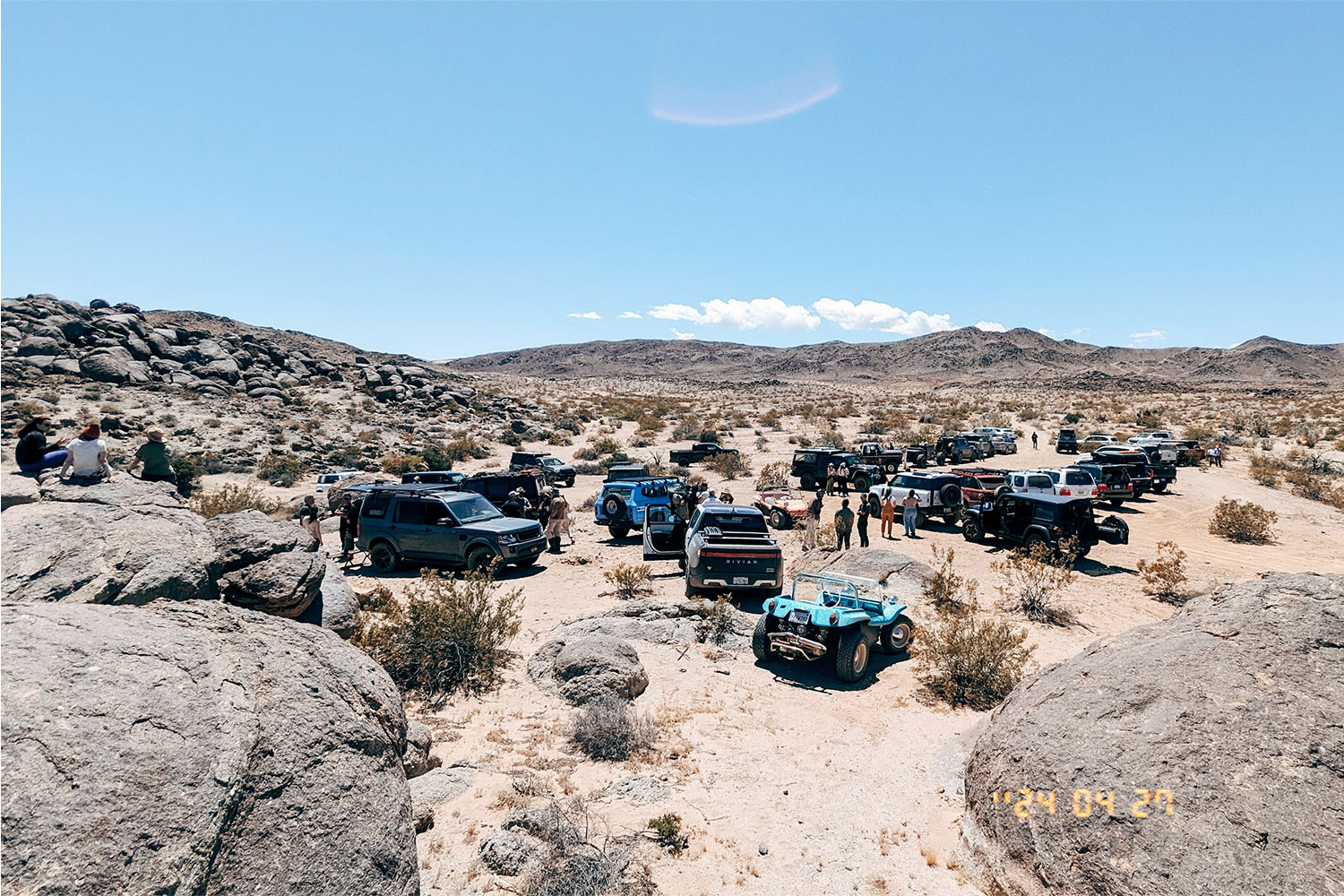 Off-road vehicles gathered in the Mojave Desert for the 7th Annual Aether Rally in April 2024