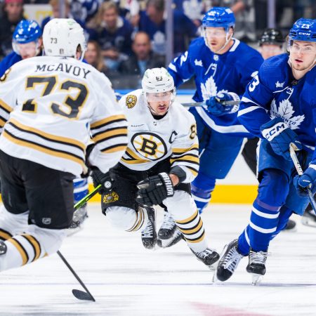 The Toronto Maple Leafs skate against the Boston Bruins.