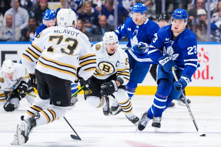 The Toronto Maple Leafs skate against the Boston Bruins.