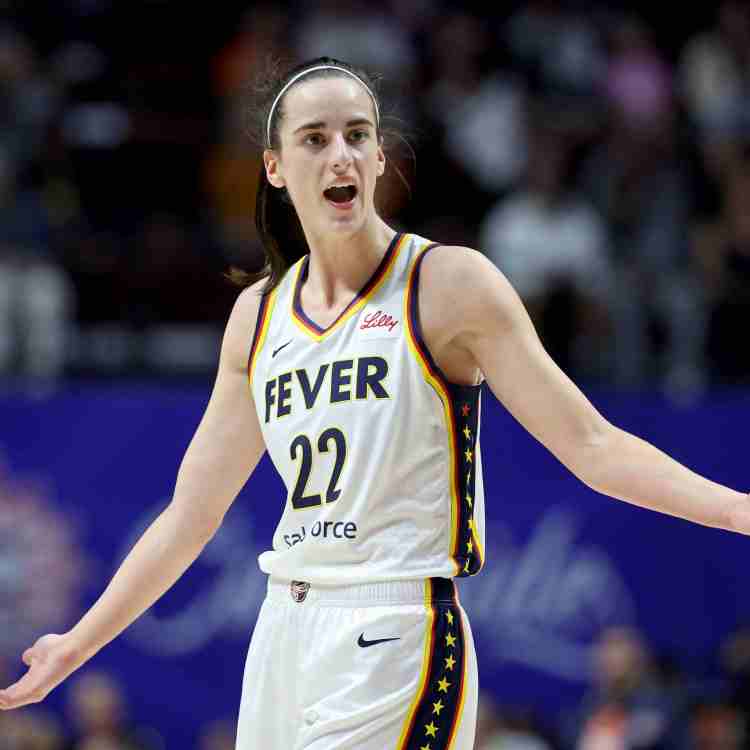 Caitlin Clark of the Fever reacts after being called for a foul.