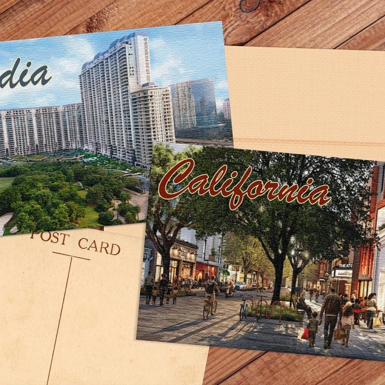 An image of The Camellias, a luxury residential development in Gurgaon, India; and a rendering of California Forever's new planned city in Solano County.