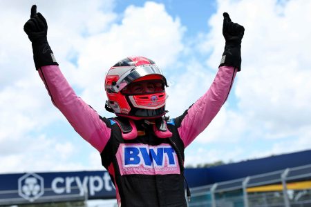 Race winner Abbi Pulling celebrates her victory at FIA Formula Academy.