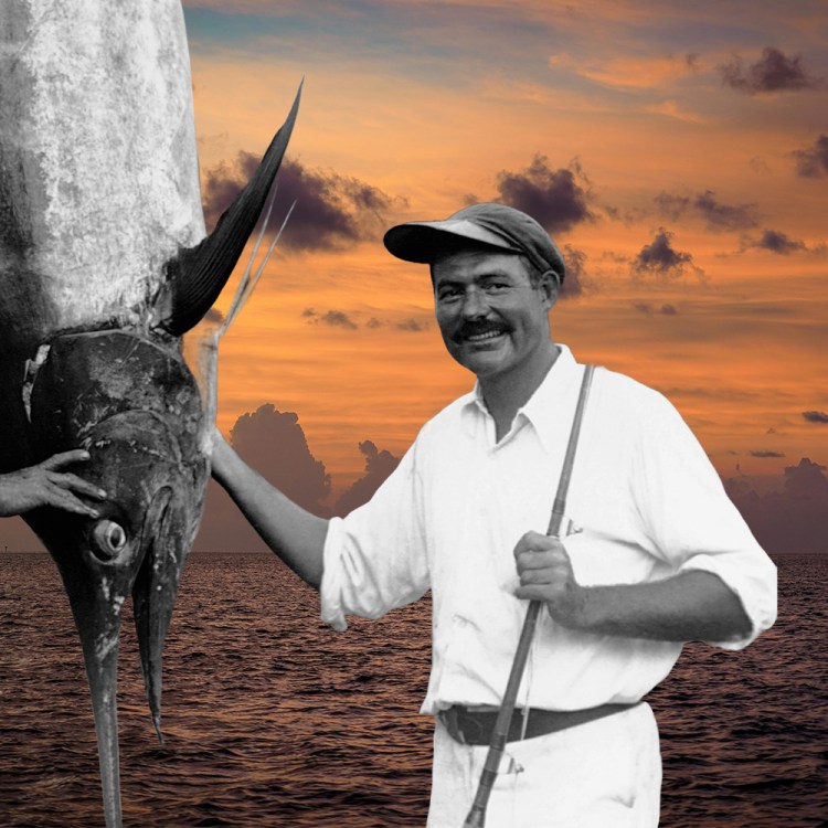 Hemingway holding a marlin, against a sunset.