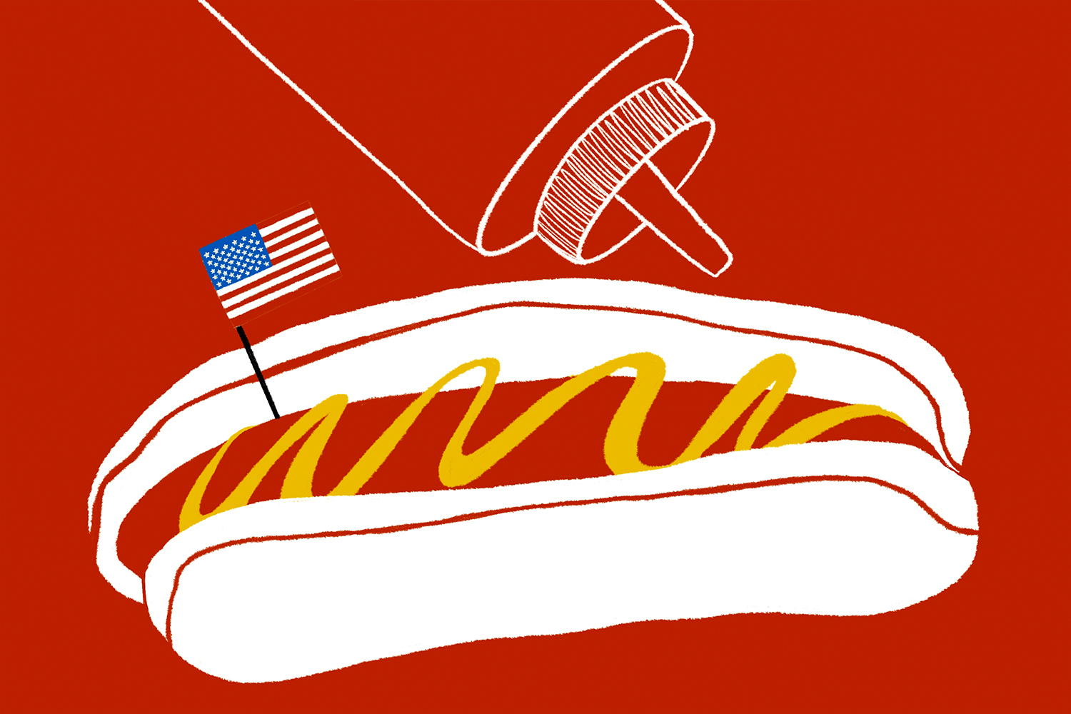 an illustration of a hot dog with mustard and an american flag toothpick on a red background