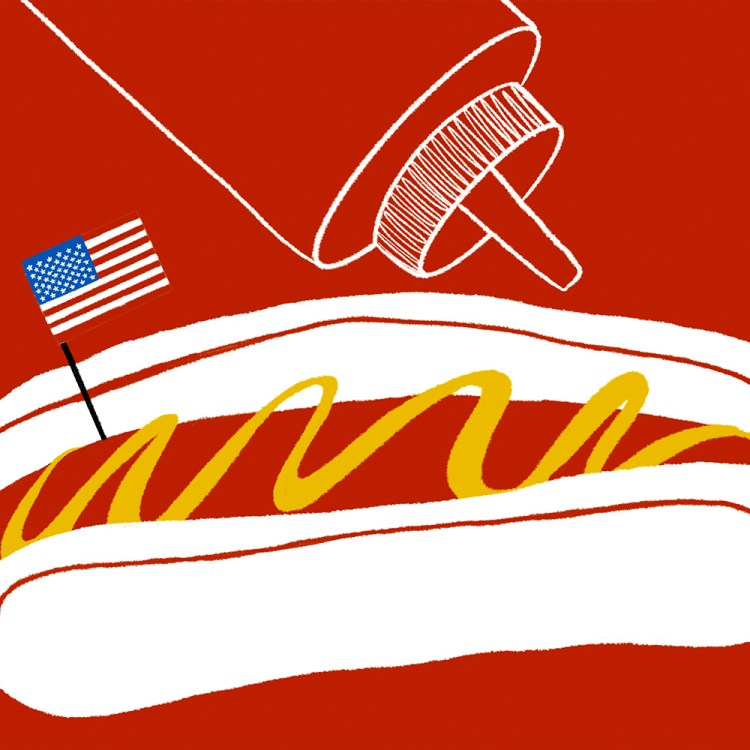 an illustration of a hot dog with mustard and an american flag toothpick on a red background