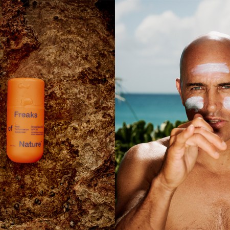 A split image of Kelly Slater with sunscreen on his face, and a bottle of sunscreen from his new skincare company Freaks of Nature