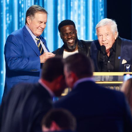 Bill Belichick with Kevin Hart and Robert Kraft.