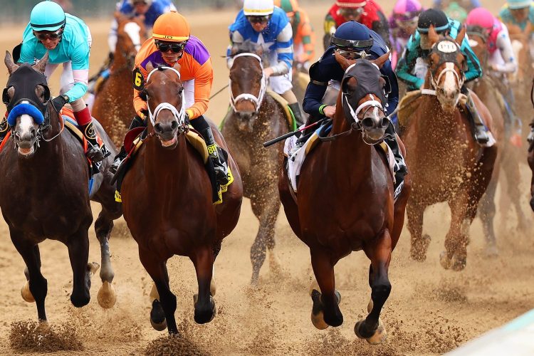 The field at the first turn at the 149th running of the Kentucky Derby.