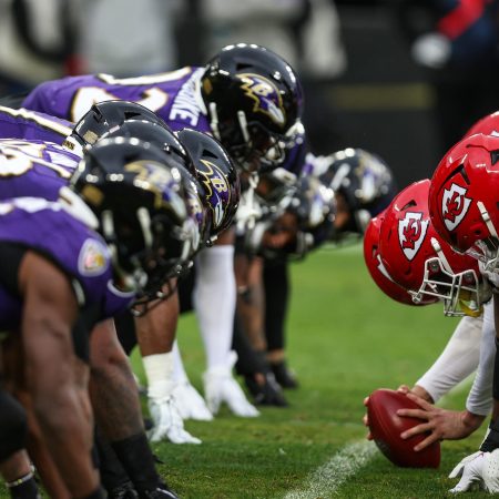 The Baltimore Ravens line up agains the Kansas City Chiefs.