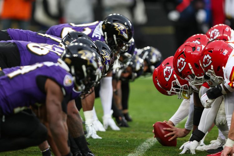 The Baltimore Ravens line up agains the Kansas City Chiefs.
