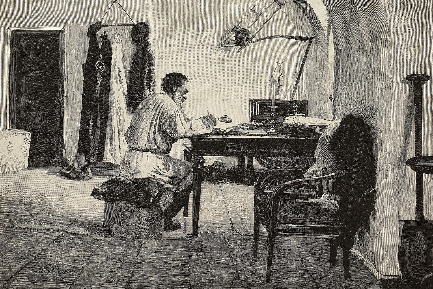 An old sketch of a man writing at a desk.