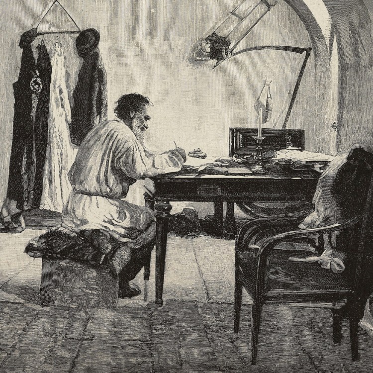 An old sketch of a man writing at a desk.