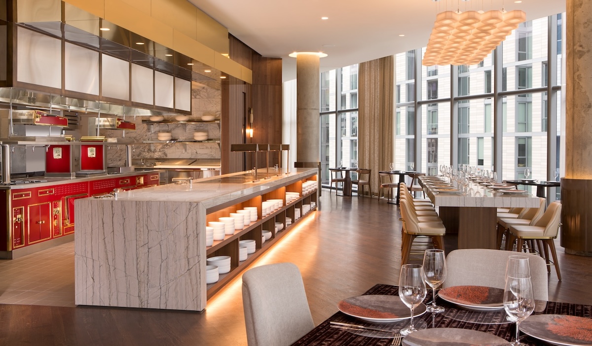 Estuary's dining room, including an open kitchen.