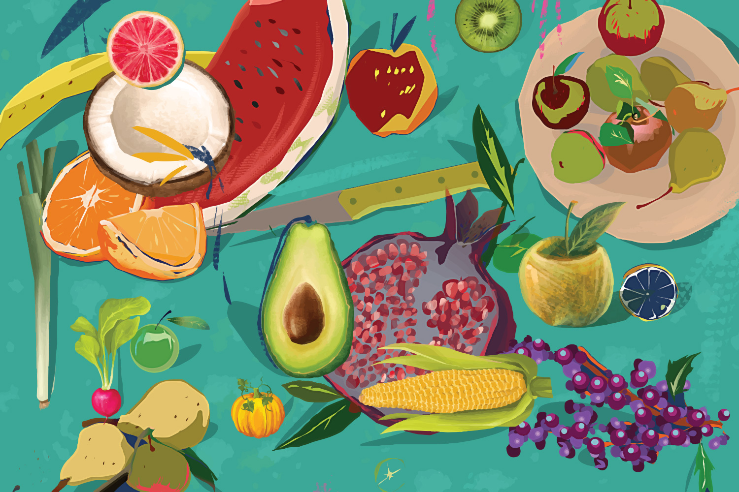 An abstract illustration of healthy fruits and vegetables