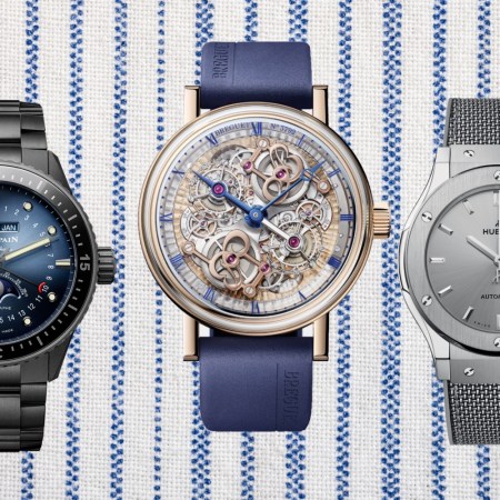 Blancpain’s Phases de Lune (left), Breguet’s “Quai de l’Horloge” (center) and Hublot’s Classic Fusion Essential Grey (right)