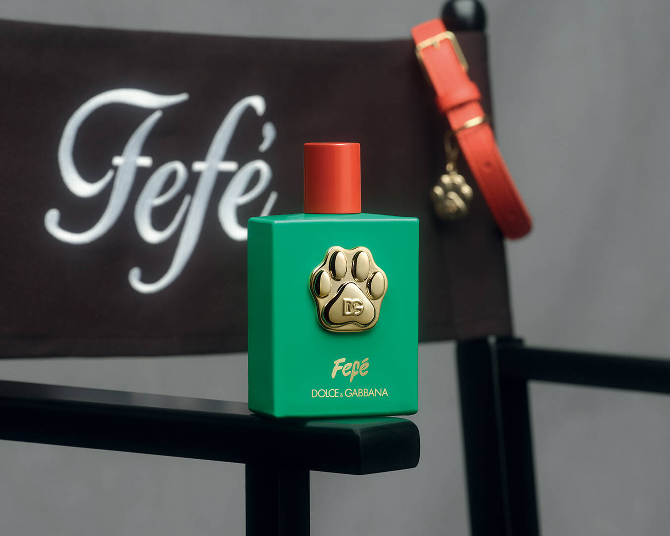 A bottle of Fefé perched atop the real Fefé's Director's Chair