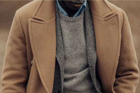 A man wearing a wool coat from Buck Mason