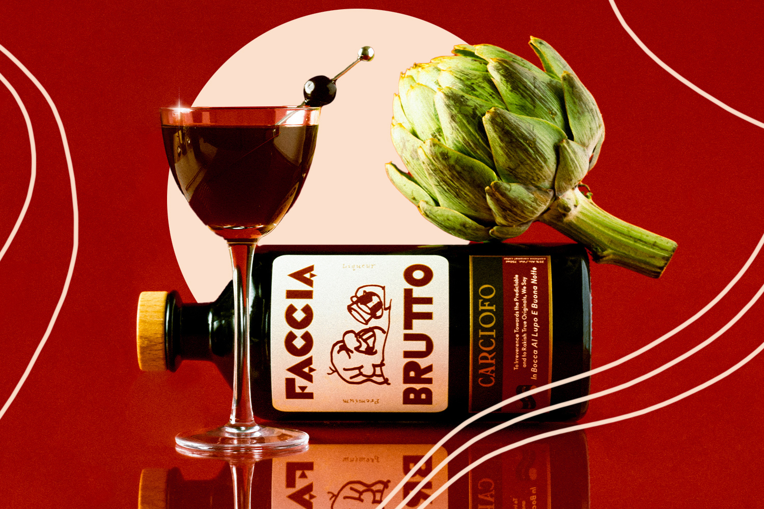 faccia brutto's carciofo bottle with a cocktail and artichoke on a red background