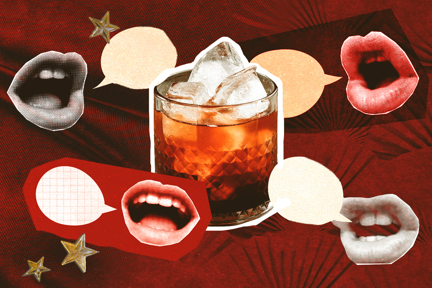 A Black Russian cocktail surrounded by mouths with talk bubbles