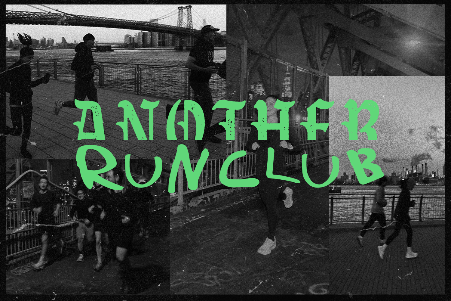 A black and white collage of running photos with the "Another Run Club" logo overlayed in neon green.