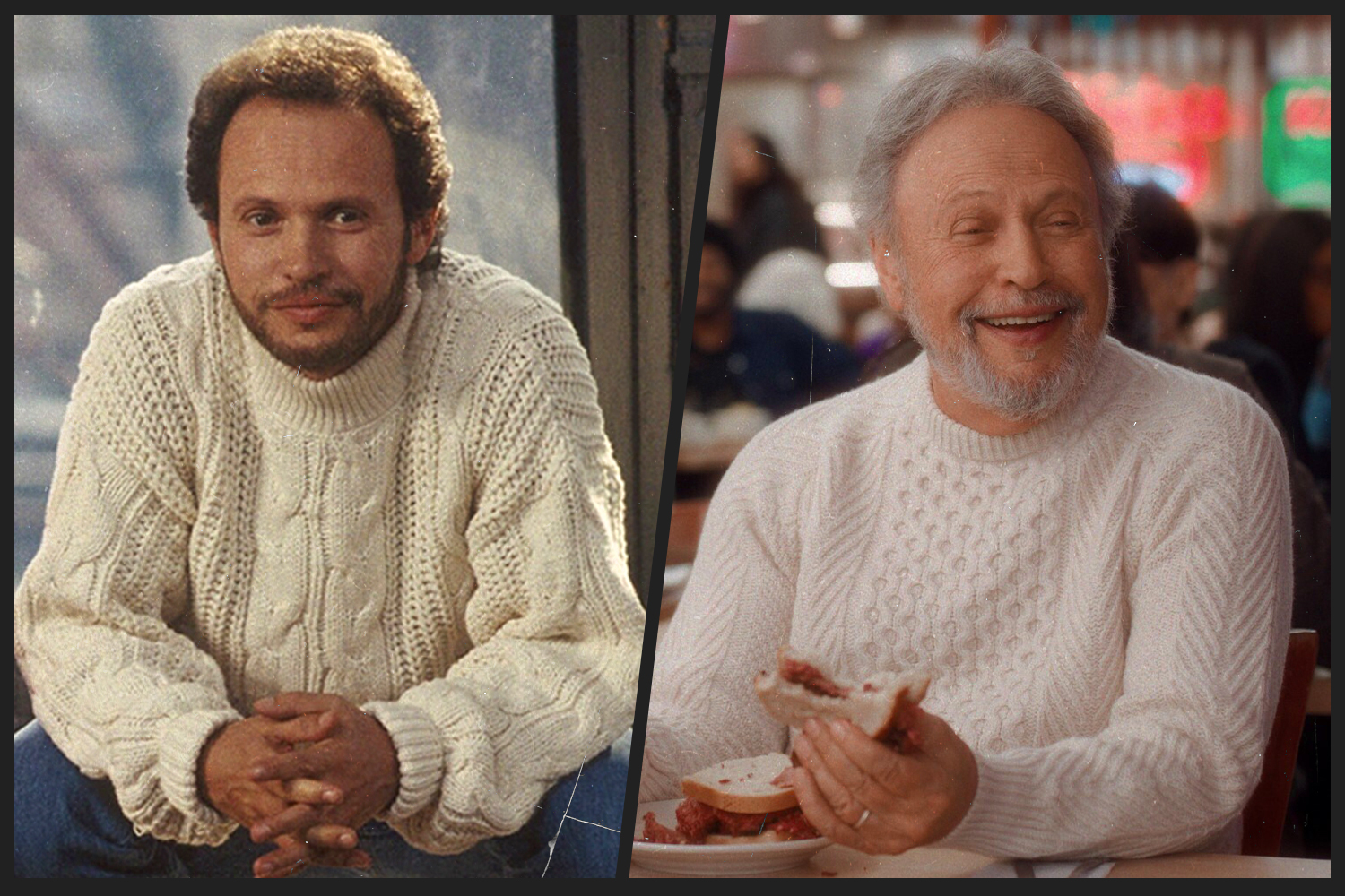 Left: Billy Crystal in his iconic sweater in "When Harry Met Sally" from 1989. Right: Crystal in a 2025 Super Bowl ad for Hellmann's called "When Sally Met Hellmann's"