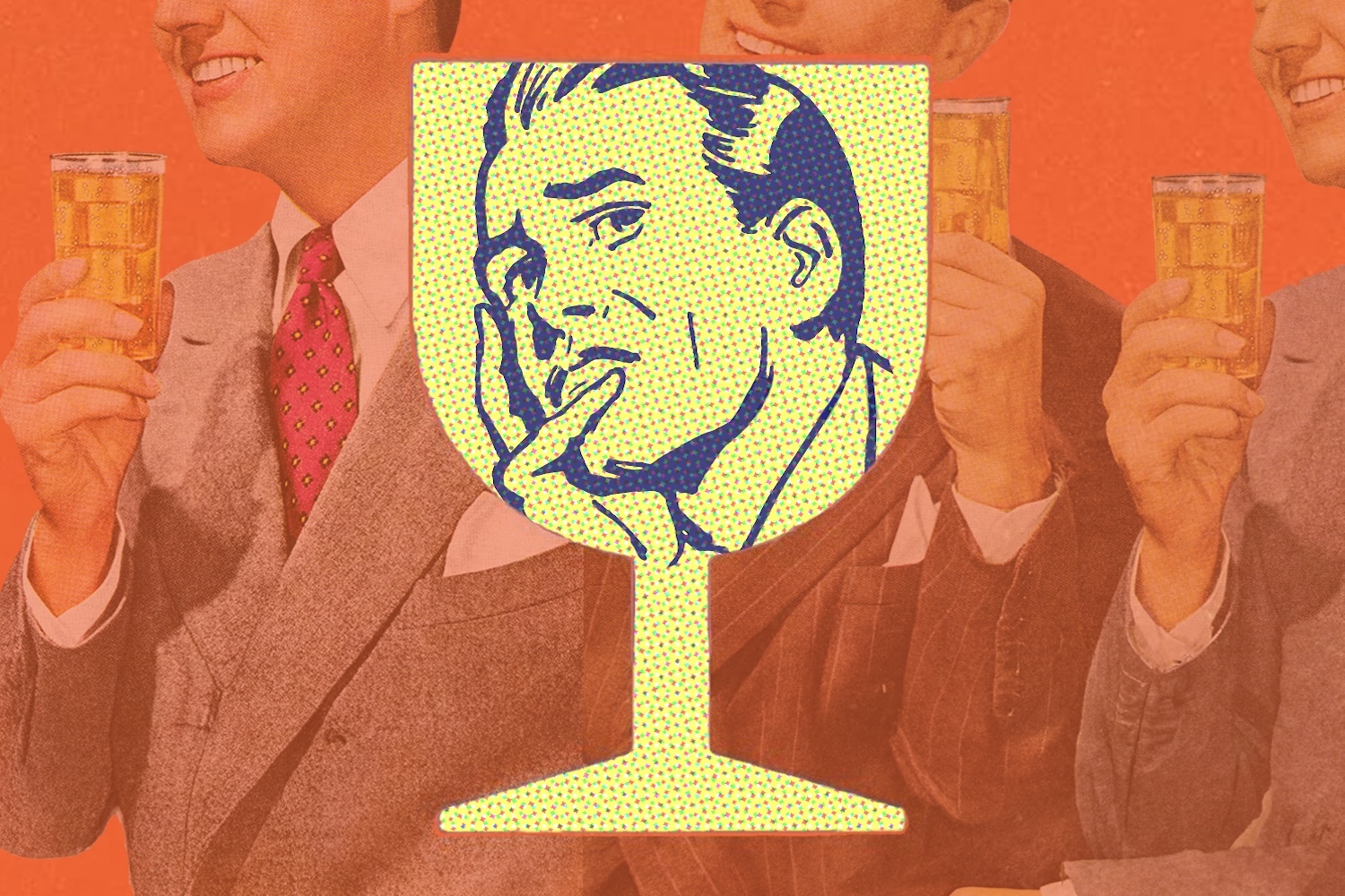 An illustration of a man's worried face in a wine glass at a party where others are drinking