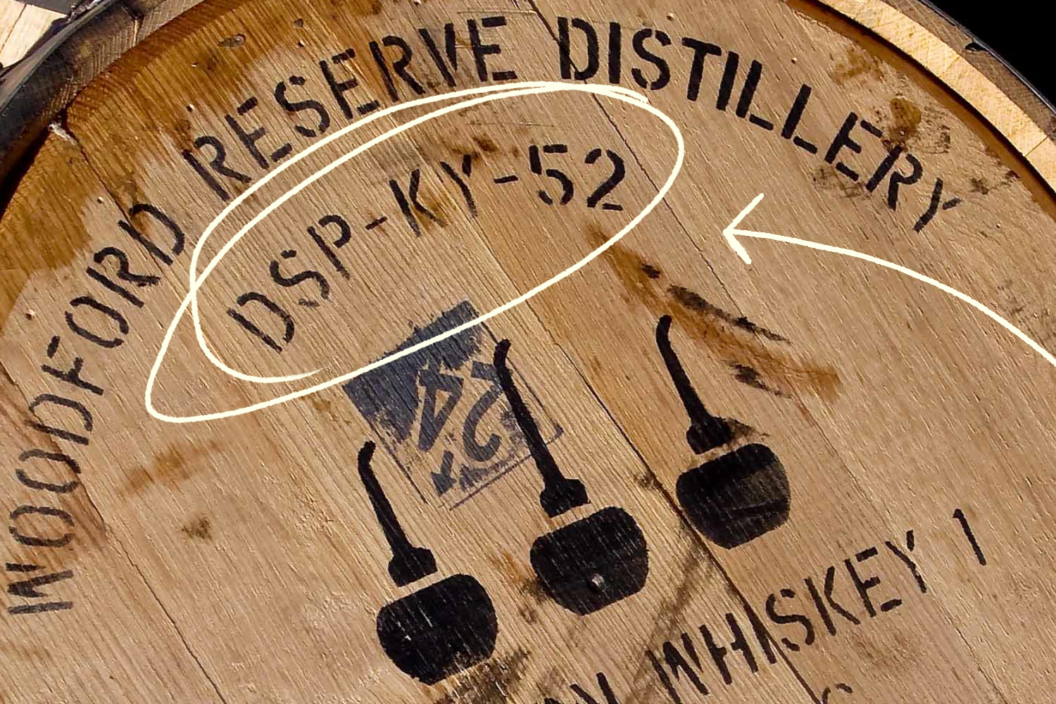 A barrel with the DSP number highlighted from Woodford Reserve