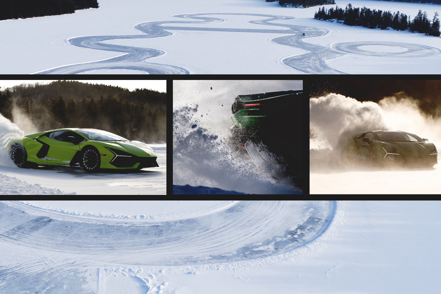 A collage of Lamborghini vehicles driving on a frozen lake in Quebec during an Esperienza Neve event