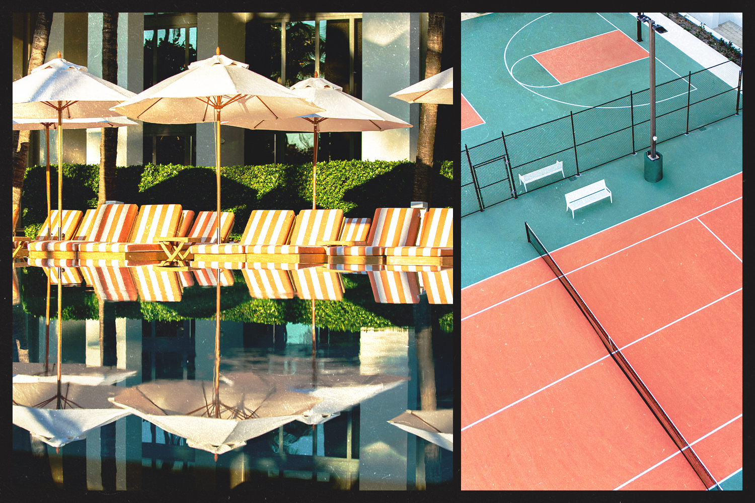 A side-by-side image featuring a pool with umbrellas on the left, and an aerial view of a pickleball court on the right at W South Beach in Miami, Florida