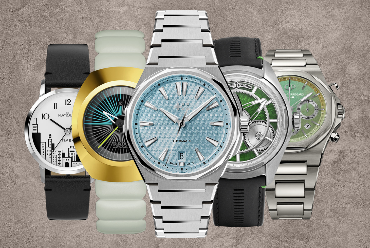 Timex X The New Yorker Marlin Hand-Wound 34mm; Rado DiaStar Original x Tej Chauhan; Christopher Ward Twelve 38 ; Ulysse Nardin Freak X Enamel Bucherer; Girard-Perregaux Laureato Chronograph Aston Martin Edition