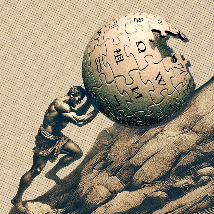 An illustration of Sisyphus pushing the Wikipedia logo up a hill