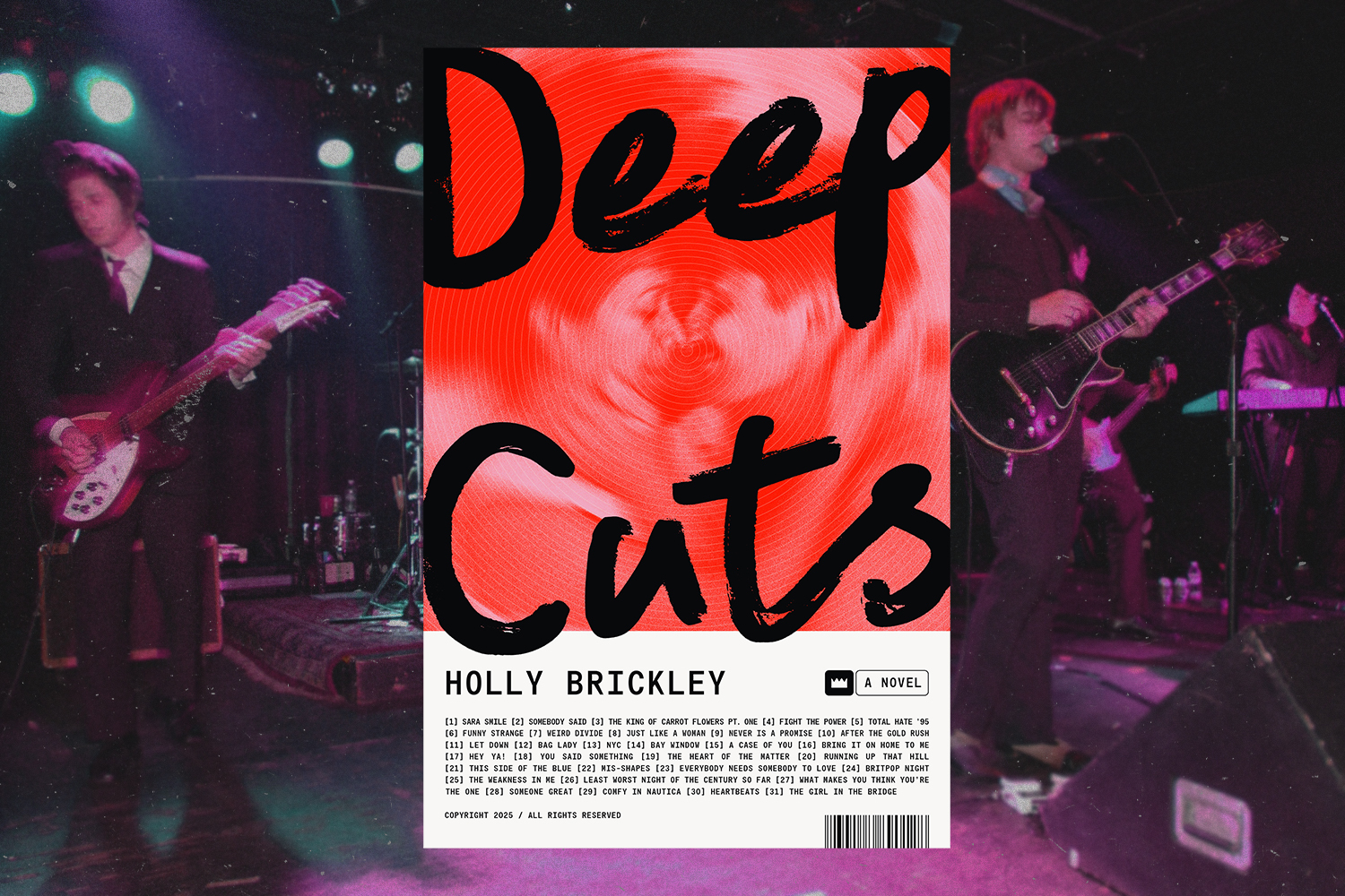 The cover of Holly Brickley's debut novel "Deep Cuts"; In the background, Interpol playing a concert in 2002