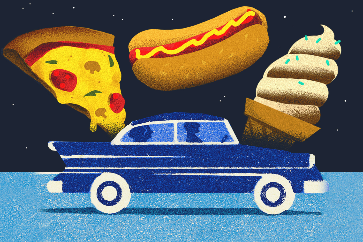 an illustration of a classic blue car with pizza, a hot dog and ice cream above it