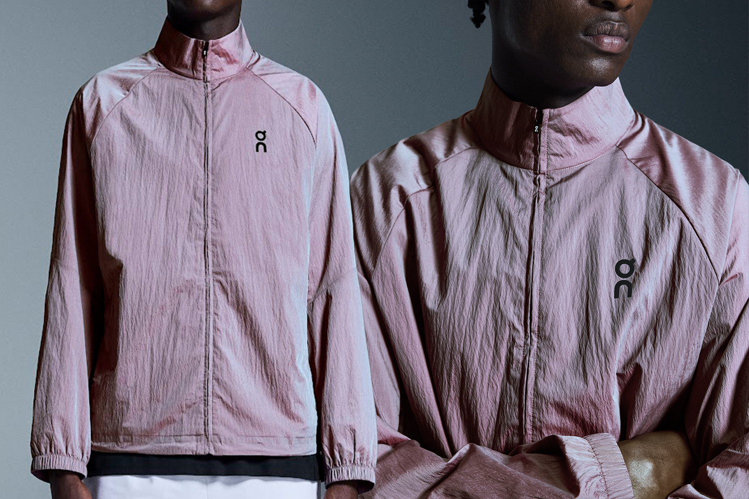 A close-up and front view of a model wearing the On Court Jacket in pink, featuring a lightweight, iridescent fabric and minimalist On logo.