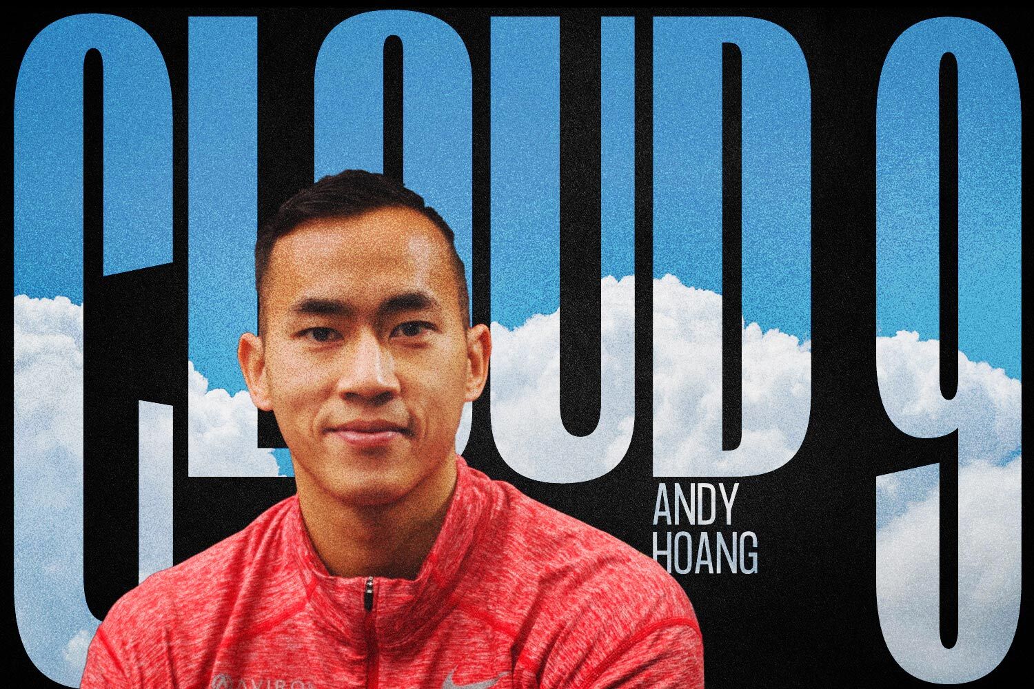 Andy Hoang, CEO of Aviron, in a red zip-up with “Cloud 9” text behind him and a backdrop of bright blue sky and clouds