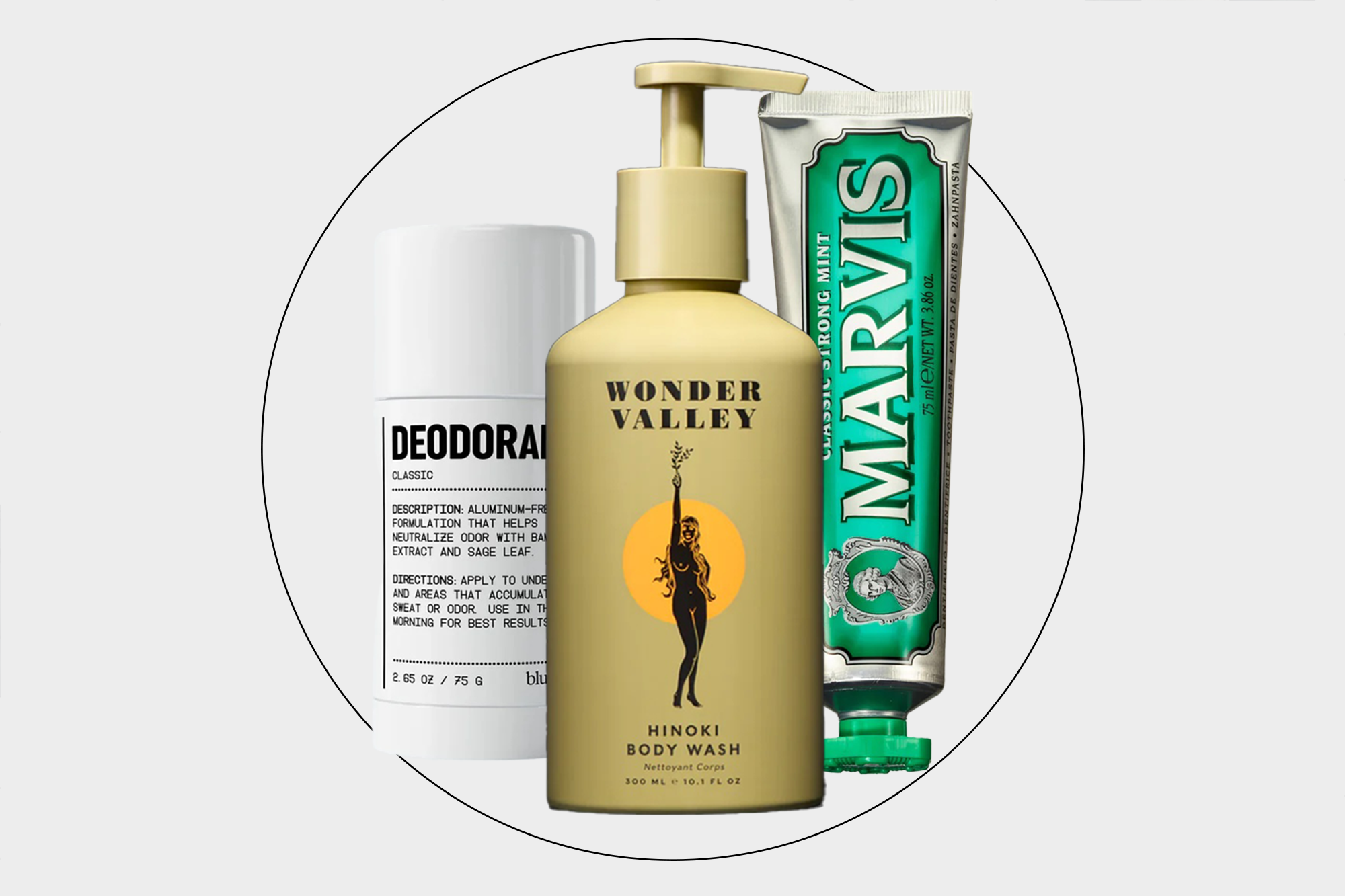 Blu Atlas 48 Hour Natural Deodorant; Wonder Valley Hinoki Body Wash; Marvis Classic Strong Mint Toothpaste